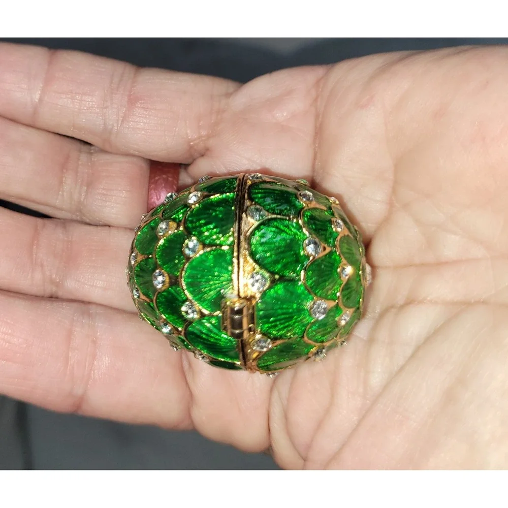 Emerald Green Fabergé Style Jeweled Egg Trinket Box Gold Tone & Rhinestones 2